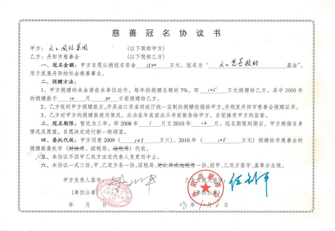 2008年市级非凡国际慈善冠名协议